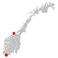 kaartje met de locaties van Kristiansand en Kristiansund