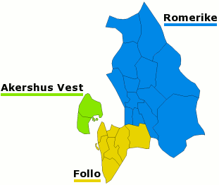 Plaatje van kaartje met districten in provincie Akershus in Noorwegen