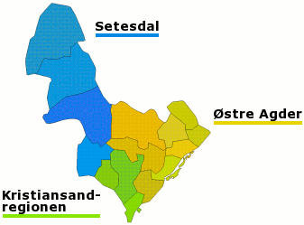 Plaatje van kaartje met districten in provincie Aust-Agder in Noorwegen