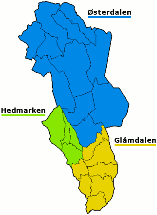 Plaatje van kaartje met districten in provincie Hedmark in Noorwegen