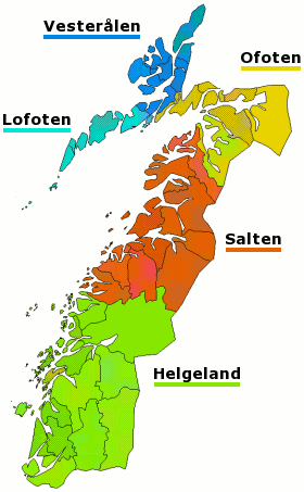Plaatje van kaartje met districten in provincie Nordland in Noorwegen