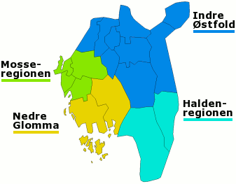 Plaatje van kaartje met districten in provincie Østfold in Noorwegen