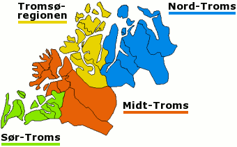 Plaatje van kaartje met districten in provincie Troms in Noorwegen