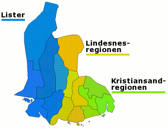 Plaatje van kaartje met districten in provincie Vest-Agder in Noorwegen