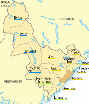 Plaatje van kaartje met gemeentes in provincie Aust-Agder in Noorwegen