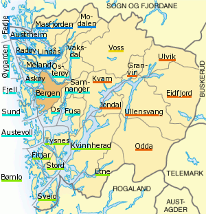 Plaatje van kaartje met gemeentes in provincie Hordaland in Noorwegen
