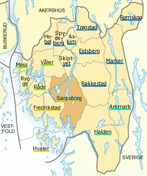 Plaatje van kaartje met gemeentes in provincie Østfold in Noorwegen