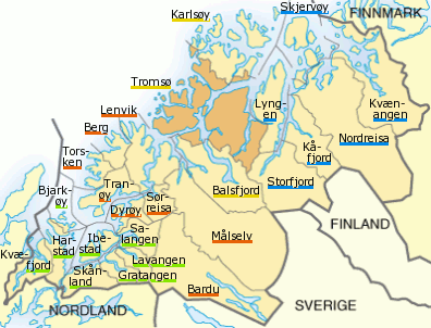 Plaatje van kaartje met gemeentes in provincie Troms in Noorwegen