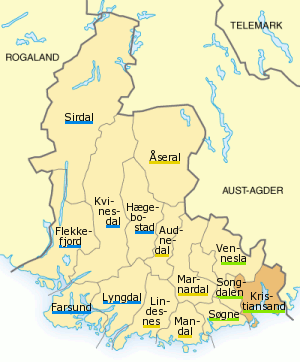 Plaatje van kaartje met gemeentes in provincie Vest-Agder in Noorwegen