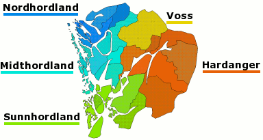 Plaatje van kaartje met districten in provincie Hordaland in Noorwegen