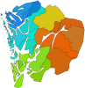 Plaatje van kaartje met districten in Hordaland in Noorwegen
