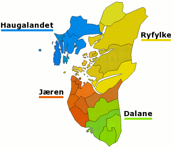 Plaatje van kaartje met districten in provincie Rogaland in Noorwegen