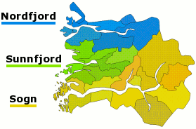Plaatje van kaartje met districten in provincie Sogn og Fjordane in Noorwegen