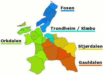 Plaatje van kaartje met districten in provincie Sør-Trøndelag in Noorwegen