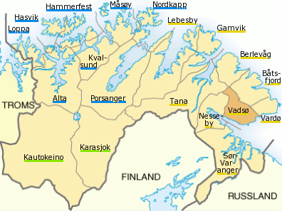 Plaatje van kaartje met gemeentes in provincie Finnmark in Noorwegen
