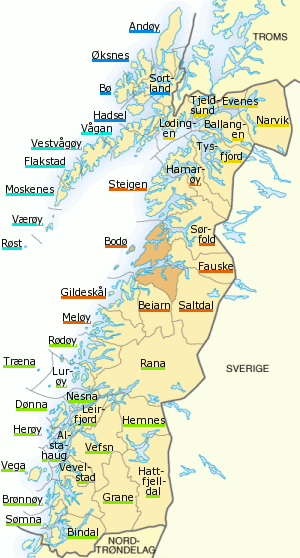 Plaatje van kaartje met gemeentes in provincie Nordland in Noorwegen