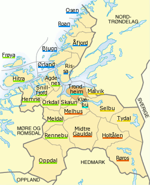 Plaatje van kaartje met gemeentes in provincie Sør-Trøndelag in Noorwegen